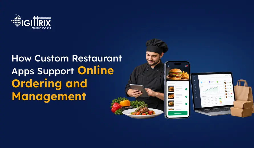 Digittrix banner showing a chef, online food-ordering app on a smartphone, restaurant management dashboard on a laptop, and groceries.