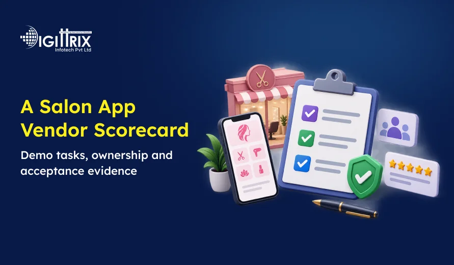A salon app vendor scorecard concept with a mobile app, clipboard checklist, rating stars, and a small salon storefront illustration.