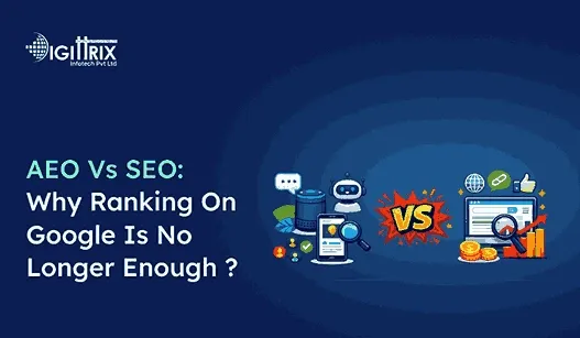 Infographic titled AEO vs SEO: Why Ranking on Google Is No Longer Enough? featuring cartoon robots and SEO icons.