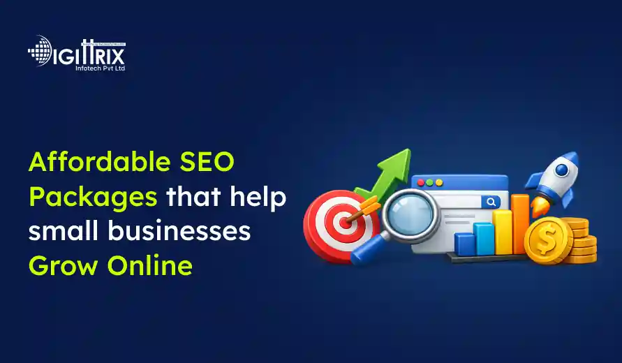 Affordable SEO packages for small businesses to grow online, featuring target, analytics, magnifying glass, rocket, and coins icons.