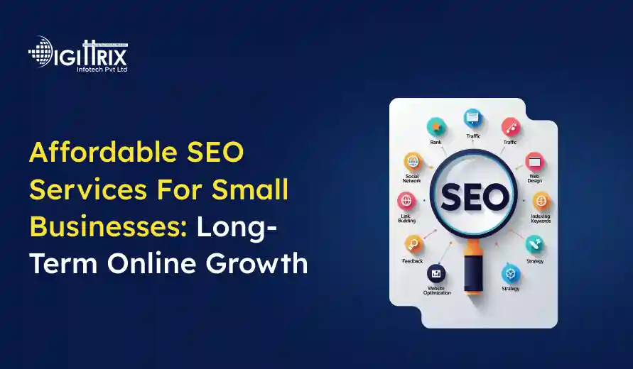 Affordable SEO services for small businesses focused on long-term online growth with elements like rank, traffic, web design, and optimization.