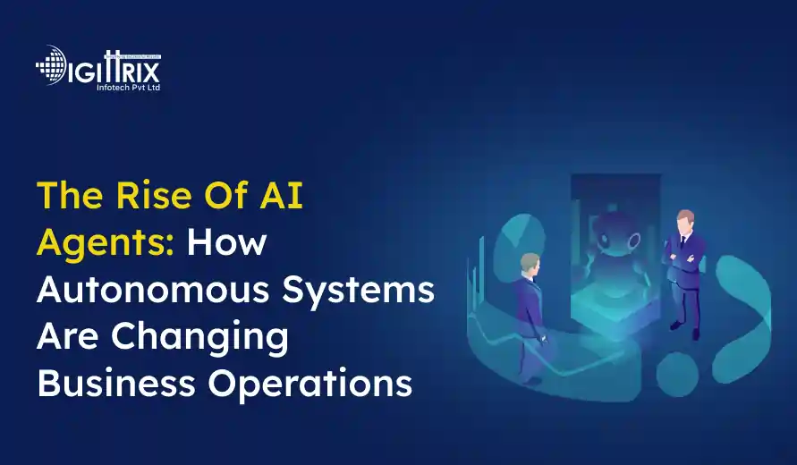 Blue graphic with title The Rise of AI Agents: How Autonomous Systems Are Changing Business Operations and two professionals interacting with a robotic AI figure, conveying innovation and futuristic business concepts.
