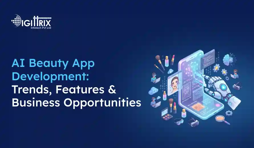 AI Beauty App Development concept image. A robotic hand interacts with a digital interface displaying beauty tools and cosmetics, suggesting innovation and technology.