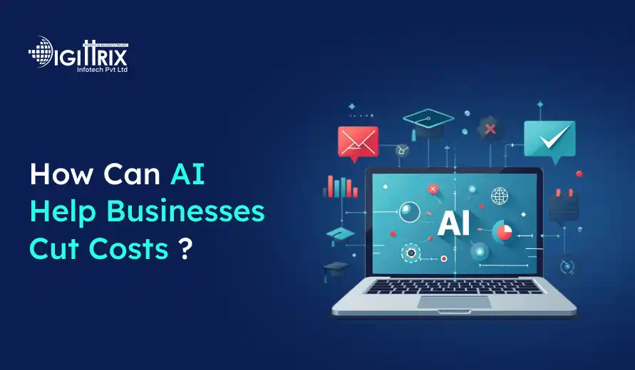 Dark blue background with How Can AI Help Businesses Cut Costs? beside a laptop displaying AI-related icons like graphs and envelopes, suggesting innovation and business efficiency.