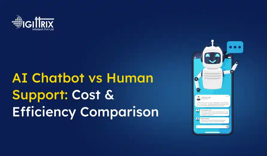 AI Chatbot versus Human Support concept. The image shows a smiling robot emerging from a smartphone, with chat bubbles. Text: AI Chatbot vs Human Support: Cost & Efficiency Comparison.