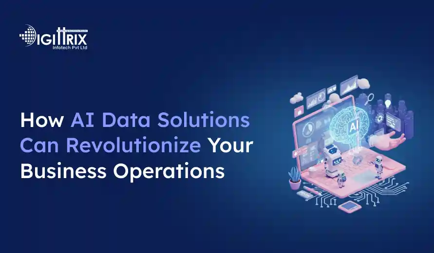 Image showing the text How AI Data Solutions Can Revolutionize Your Business Operations alongside digital 3D elements representing technology and AI.