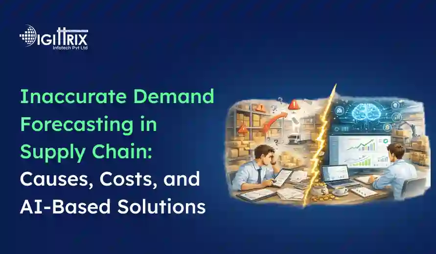 A split image shows two men working at desks. On the left, chaos and warning signs imply inaccurate demand forecasting. On the right, graphs and AI symbols suggest AI-based solutions. Text reads, Inaccurate Demand Forecasting in Supply Chain: Causes, Costs, and AI-Based Solutions.