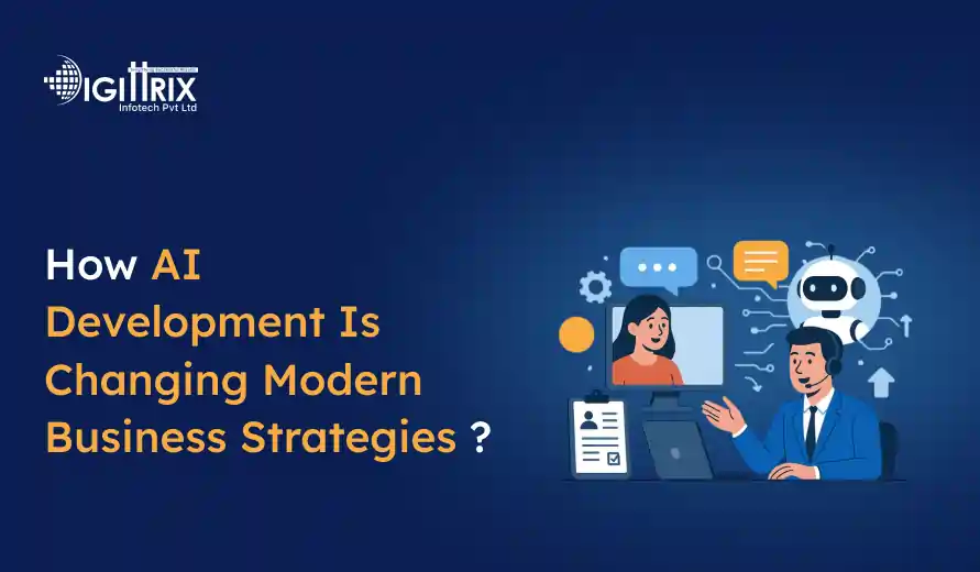 Digital image of AI development in business strategy. Features a person with headphones interacting with a computer, a robot icon, and tech symbols, conveying innovation and communication. Text reads: How AI Development Is Changing Modern Business Strategies?