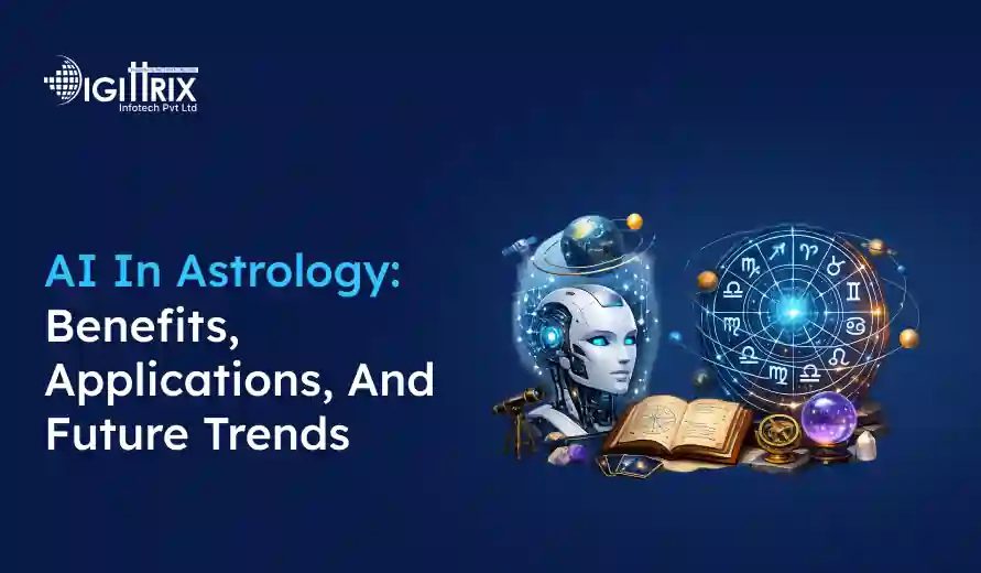 AI in astrology concept with a robot, zodiac wheel, planets, telescope, and astrology books on a dark blue background.