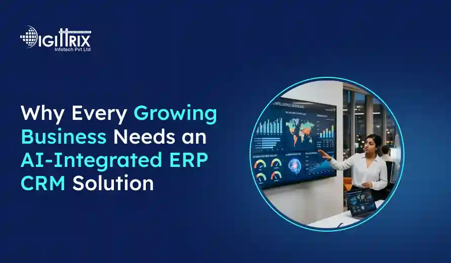 Businesswoman presenting AI-integrated ERP CRM data on a screen, highlighting benefits for growing businesses by Digittrix Infotech Pvt Ltd.