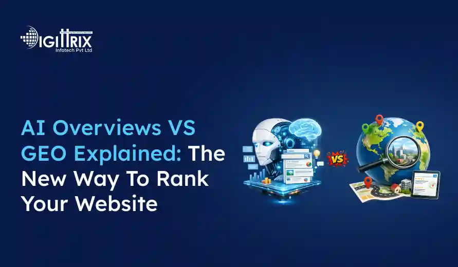 AI Overviews vs GEO Explained: New strategies to rank your website, featuring a digital AI brain and a globe with location markers and search tools.