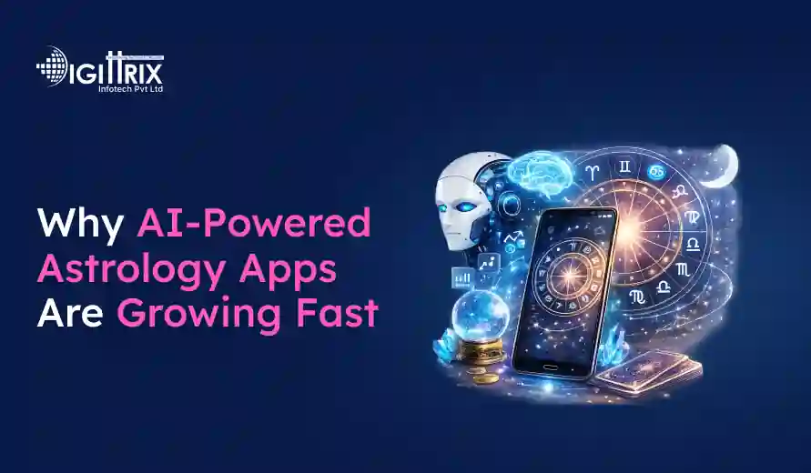 Digital image of AI-powered astrology apps featuring a smartphone with a zodiac wheel, an AI brain, a crystal ball, and futuristic elements on a dark blue background.