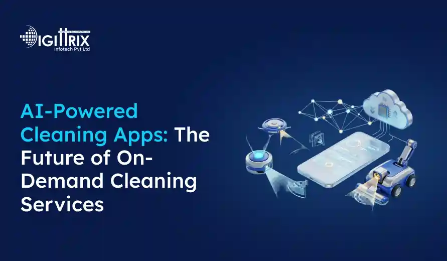 AI-powered cleaning apps image with a smartphone, robotic vacuum, drone, and cloud technology on a dark blue background.