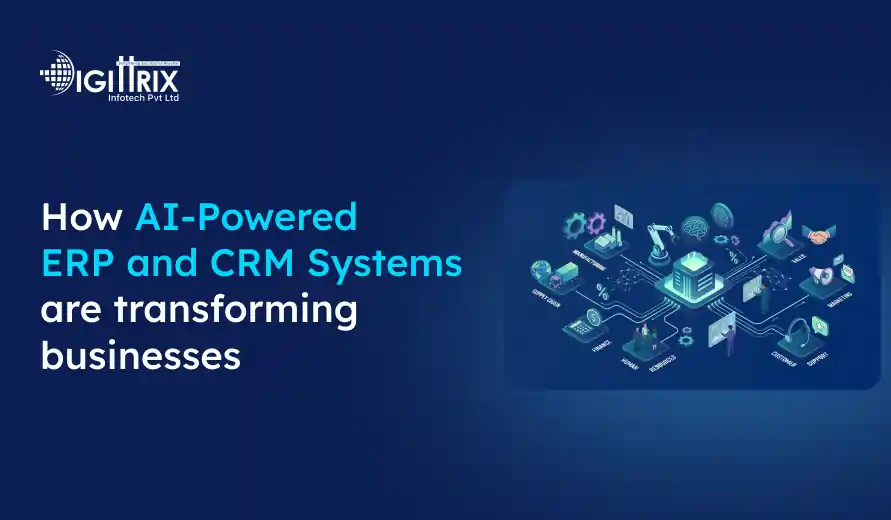 Graphic highlighting AI-powered ERP and CRM systems transforming businesses, featuring interconnected tech icons and digital devices, set against a dark blue background. The company logo is displayed in the corner.