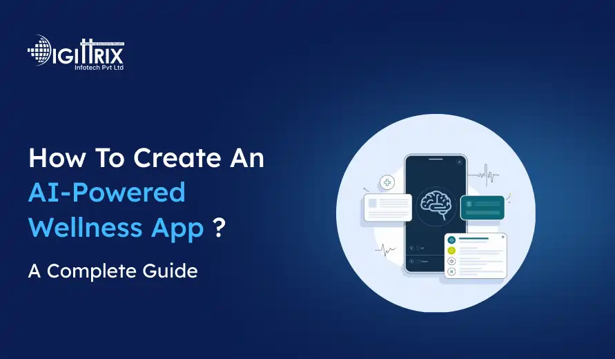Blue-themed graphic titled How to Create an AI-Powered Wellness App? A Complete Guide by Digittrix Infotech Pvt Ltd features a smartphone with wellness icons and charts, conveying innovation and technology.