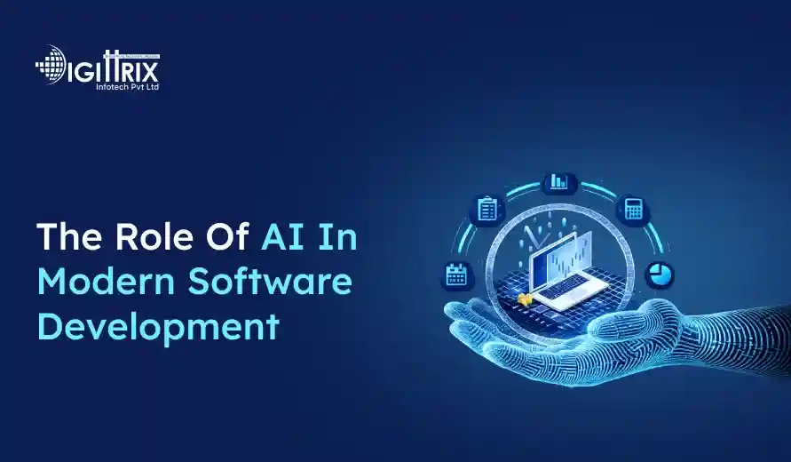 A digital image of a hand holding a tech sphere with icons representing AI in software development. Text reads: The Role of AI in Modern Software Development. Blue tones convey a futuristic, innovative theme.