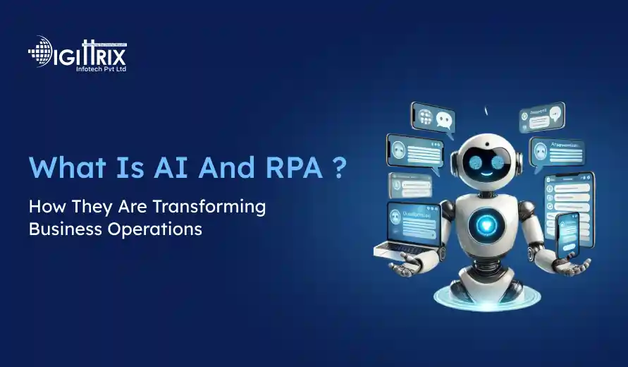 A futuristic robot interacts with floating screens displaying AI and RPA concepts. The text reads What is AI and RPA? How They Are Transforming Business Operations with a tech-related tone.