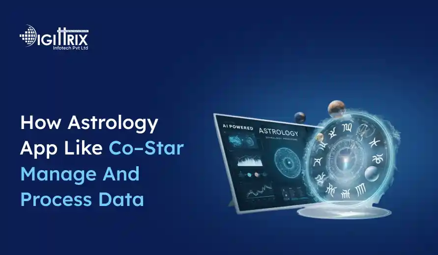 Digital image showing a tablet with astrology charts and zodiac symbols floating in a circular pattern. Text reads How Astrology App Like Co-Star Manage And Process Data with a tech company logo at the top left. 