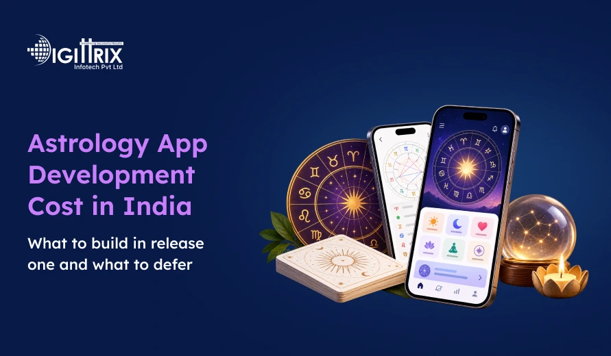 Banner for an astrology app development cost guide in India, showing two zodiac-themed smartphones, a birth chart and crystal ball; polished, informative tone.