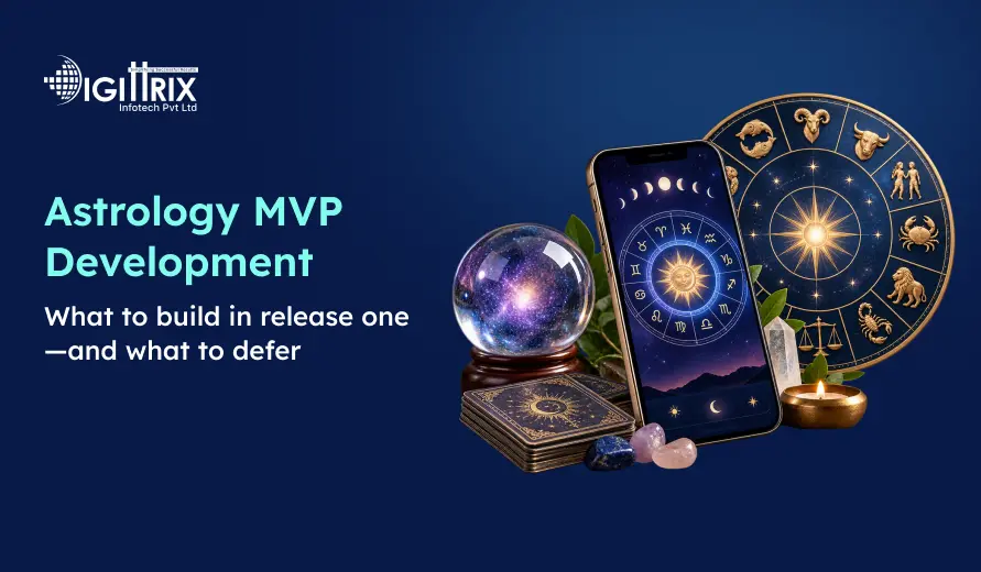 Astrology MVP Development banner featuring zodiac wheel, crystal ball, tarot cards, crystals, and smartphone displaying astrological signs on a blue background.