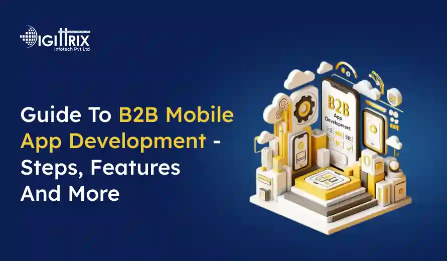 A digital image on a blue background showing 3D elements like gears, clouds, and mobile apps surrounding a central B2B App Development display. The text reads: Guide to B2B Mobile App Development - Steps, Features and More.