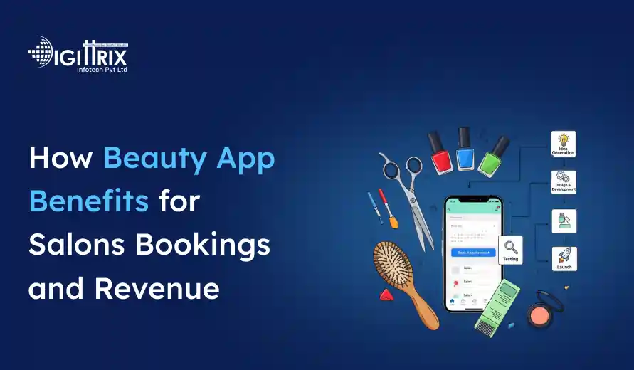 Blue-themed graphic showing a smartphone with a beauty app, surrounded by salon tools such as scissors, nail polish, and combs, illustrates the app's benefits for salon bookings. Text reads How Beauty App Benefits for Salons Bookings and Revenue. Logos and flowchart elements depict development steps.