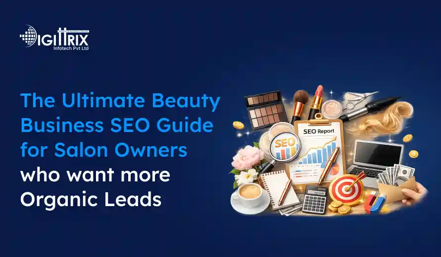 Promotional graphic for a beauty business SEO guide for salon owners with makeup items, a laptop, SEO report, target, and money illustrations.