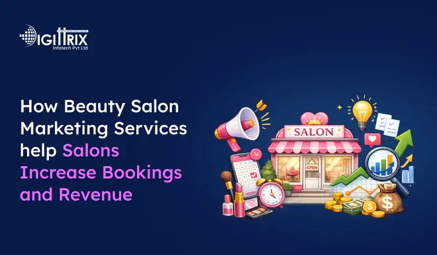 image showing how beauty salon marketing services boost salon bookings and revenue with icons of salon, money, clock, and growth chart.