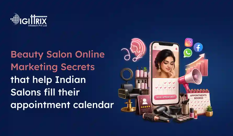 Promotional graphic for beauty salon online marketing tips to help Indian salons fill their appointment calendar, featuring salon tools and social media icons.