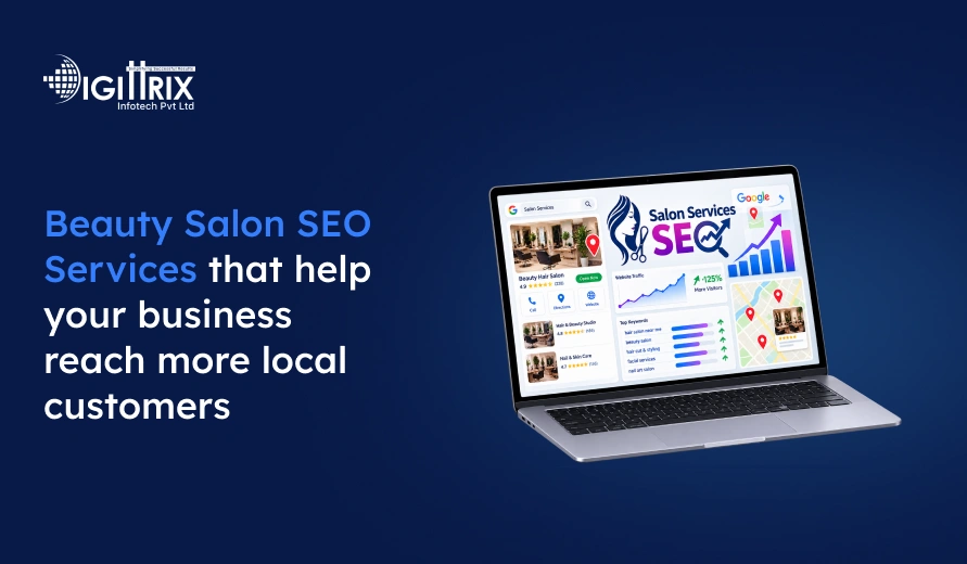 Graphic showing a laptop with Salon Services SEO analytics and text promoting Beauty Salon SEO services to attract local customers.