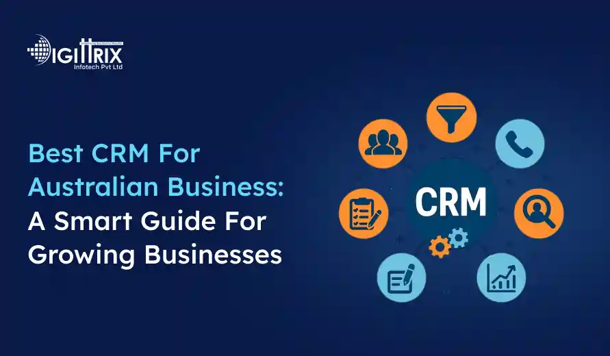 Graphic showing Best CRM For Australian Business: A Smart Guide For Growing Businesses with CRM-related icons and the Digittrix Infotech Pvt Ltd logo.