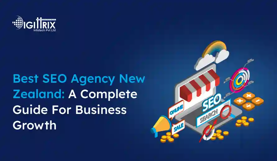 Digital graphic with SEO elements including a shop awning, coins, a magnifying glass, and a bullseye. Text reads Best SEO Agency New Zealand: A Complete Guide For Business Growth. Logo at the top left.