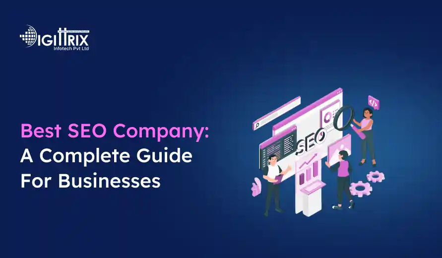 Image scene of people interacting with digital SEO tools on screens, accompanied by text Best SEO Company: A Complete Guide For Businesses on a dark blue background.