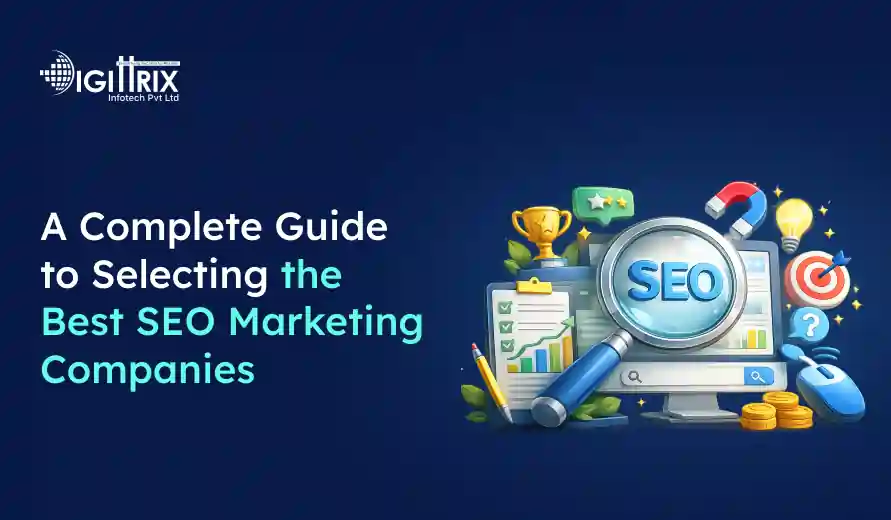 Guide to selecting the best SEO marketing companies with SEO icons, trophy, charts, target, and magnifying glass on a computer screen.