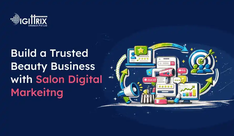 Digital marketing concept for beauty businesses with icons of megaphone, laptop, cosmetics, and target on a dark blue background.