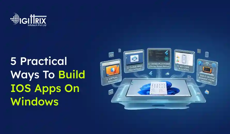 Digital graphic titled 5 Practical Ways To Build iOS Apps On Windows with floating screens depicting methods like virtual machine and cross-platform tools.