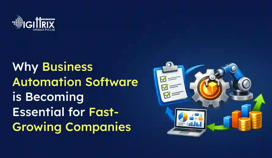 Text about the importance of business automation software for fast-growing companies, with related icons and a dark blue background.