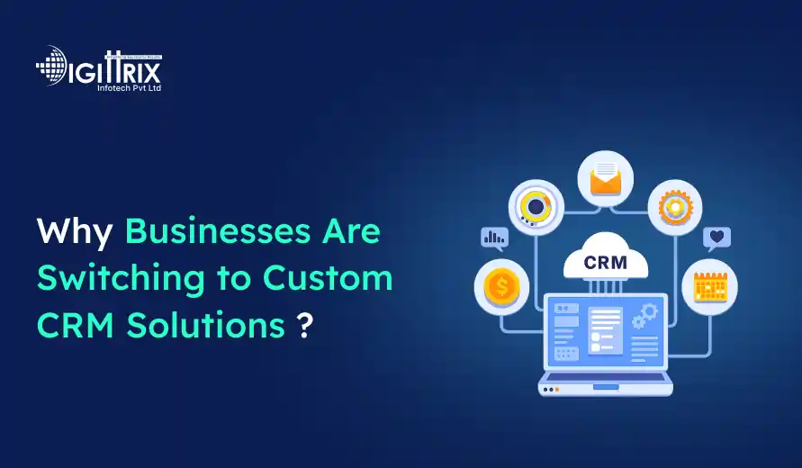 Image of a CRM dashboard surrounded by icons representing analytics, email, and calendar. Text reads Why Businesses Are Switching to Custom CRM Solutions? Logo in the corner.