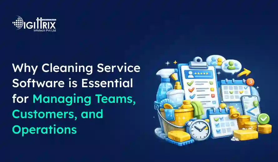 Graphic showing cleaning supplies, checklists, calendars, and a clock, highlighting the importance of cleaning service software for managing teams, customers, and operations.