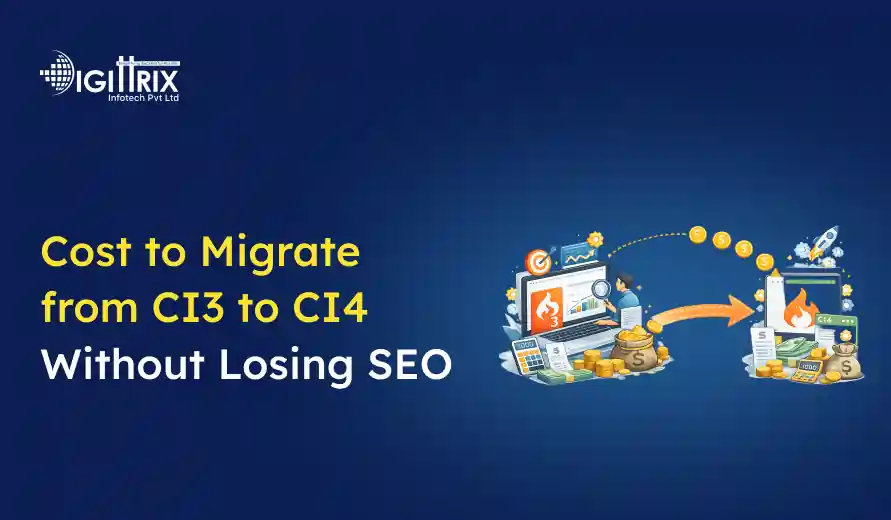 On a dark blue background, the text reads Cost to Migrate from CI3 to CI4 Without Losing SEO with digital graphics symbolizing data migration, featuring arrows, graphs, coins, and a rocket, implying progress and efficiency.