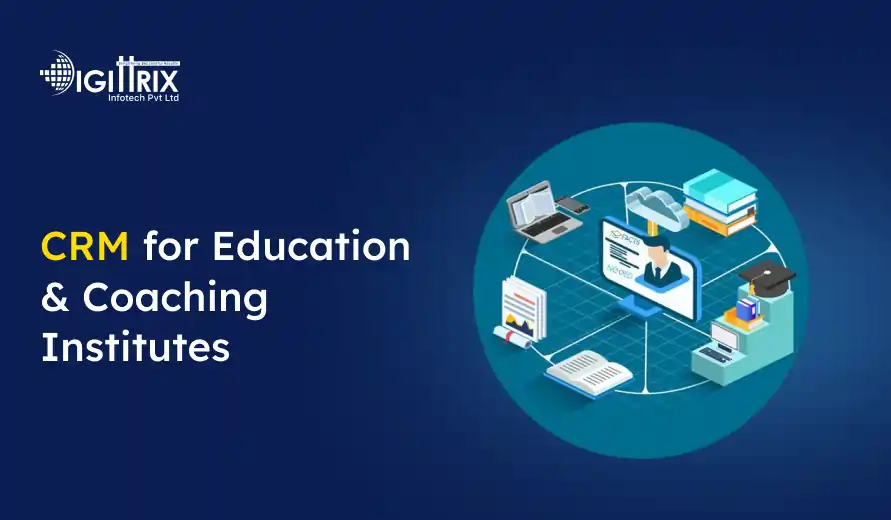 Graphic showing a CRM system for education and coaching, featuring a digital network with books, a laptop, and a graduation cap. Text on the left reads CRM for Education & Coaching Institutes with a logo above.