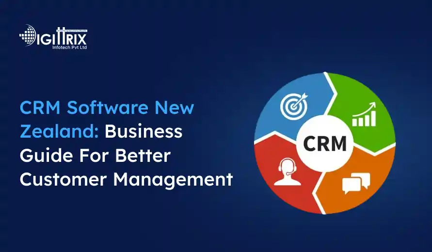 CRM Software New Zealand business guide with icons for target, growth, support, and communication on a blue background.