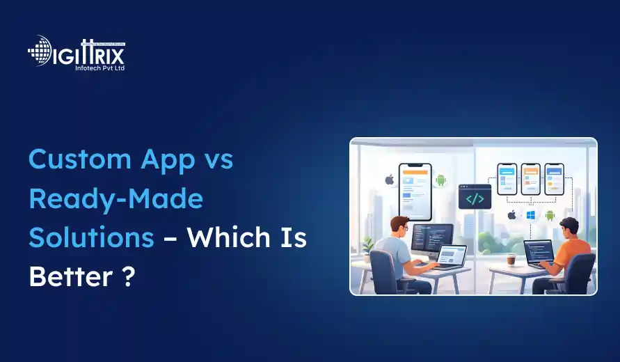 Image comparing custom apps and ready-made solutions. Two people work on laptops in a modern office, with app designs displayed on a screen.