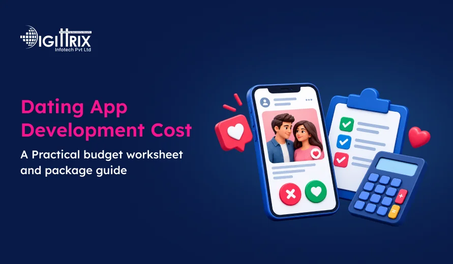 Digittrix dating app development cost graphic with smartphone dating profile, checklist, calculator, and heart icons.