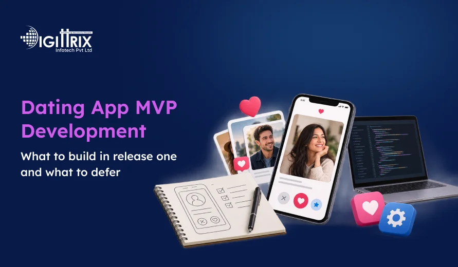  Digital graphic showing dating app MVP development with profile sketches, user photos on smartphone, coding laptop, and app icons.