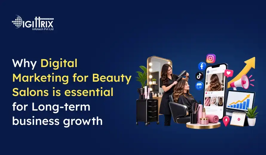 Digital marketing importance for beauty salons illustrated with a stylist, social media icons, growth chart, and beauty products on blue background.