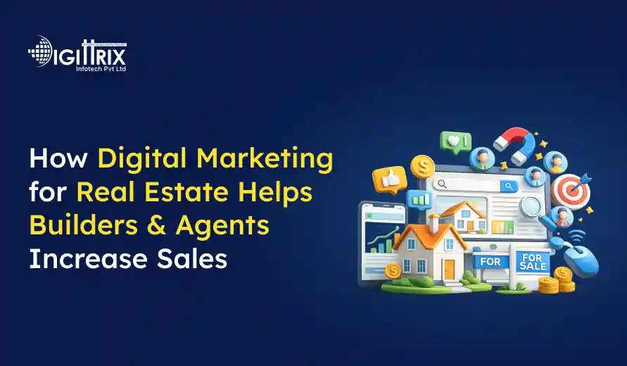 Digital marketing for real estate helps builders and agents increase sales, shown with house icons, social media, and sales symbols.