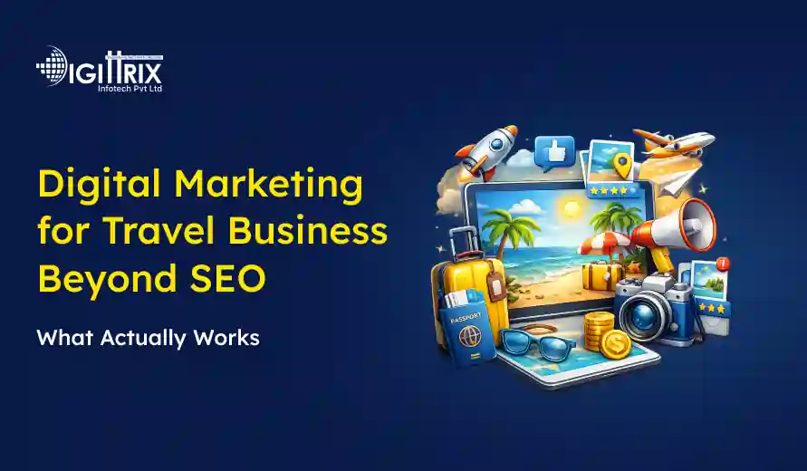 Digital marketing strategies for travel businesses beyond SEO, featuring travel icons like luggage, camera, airplane, and beach.