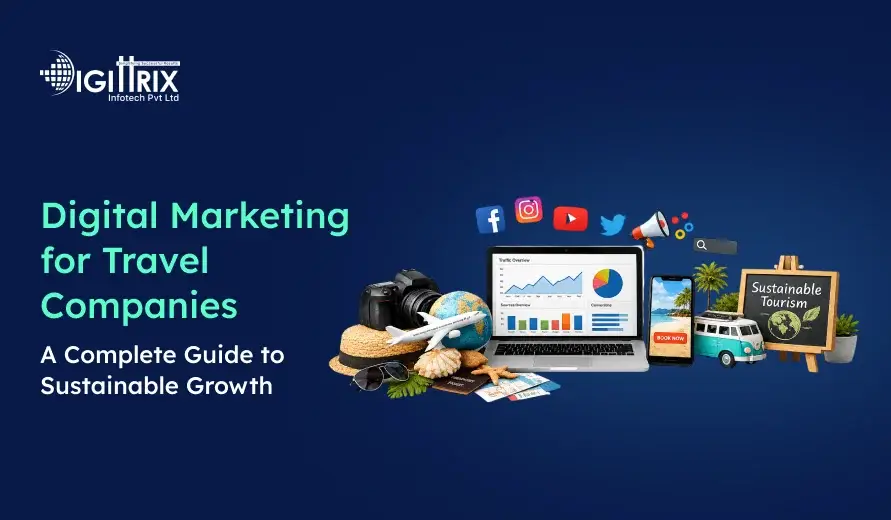 Digital marketing for travel companies featuring icons of social media, travel items, laptop analytics, and a chalkboard reading Sustainable Tourism.