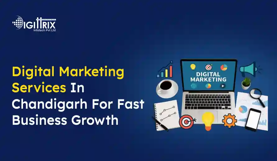 Digital Marketing Services in Chandigarh ad featuring a laptop, coffee, and charts on a blue background, conveying business growth and innovation.